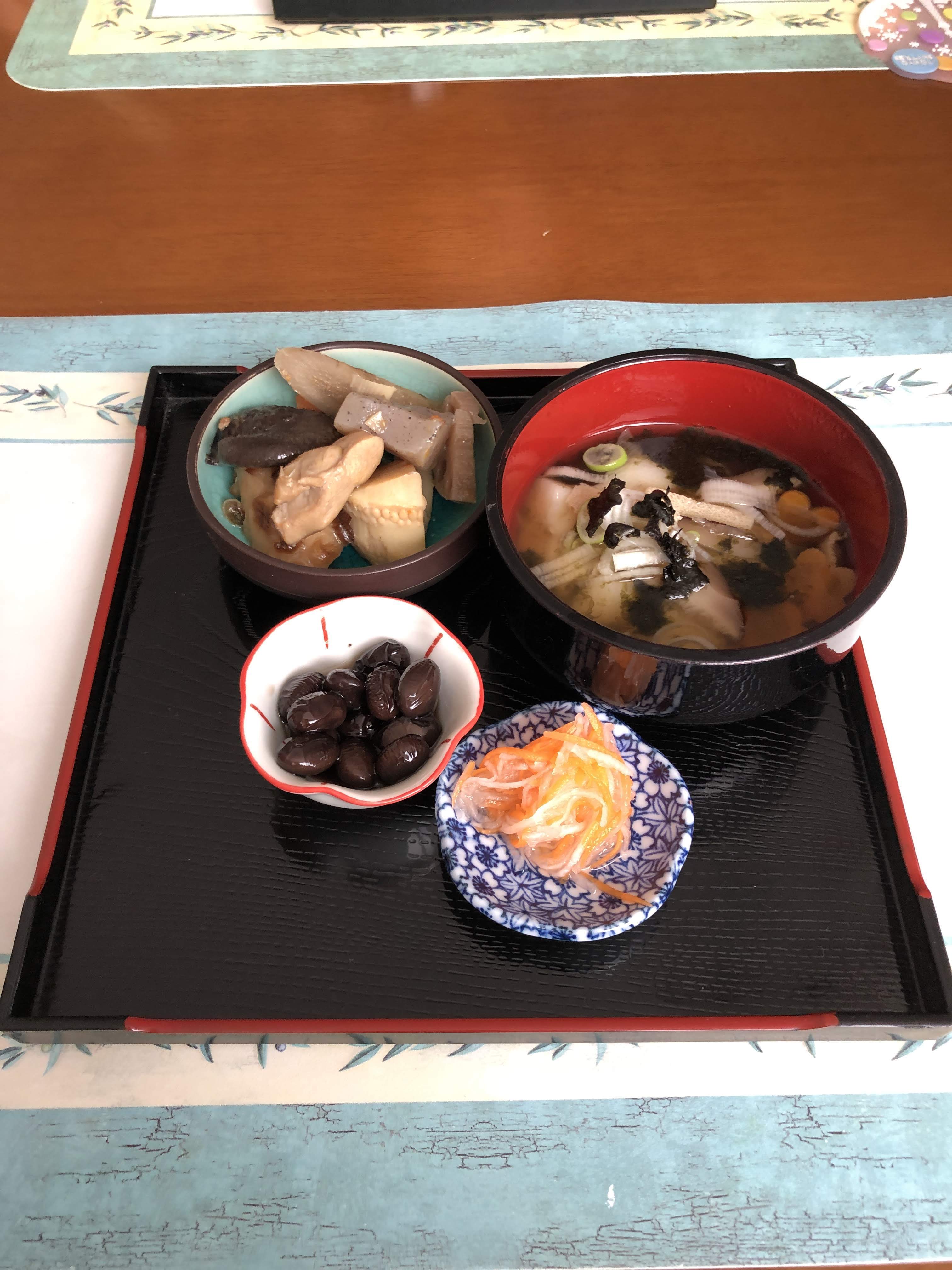 Ozouni, a traditional New Year's soup, and side dishes