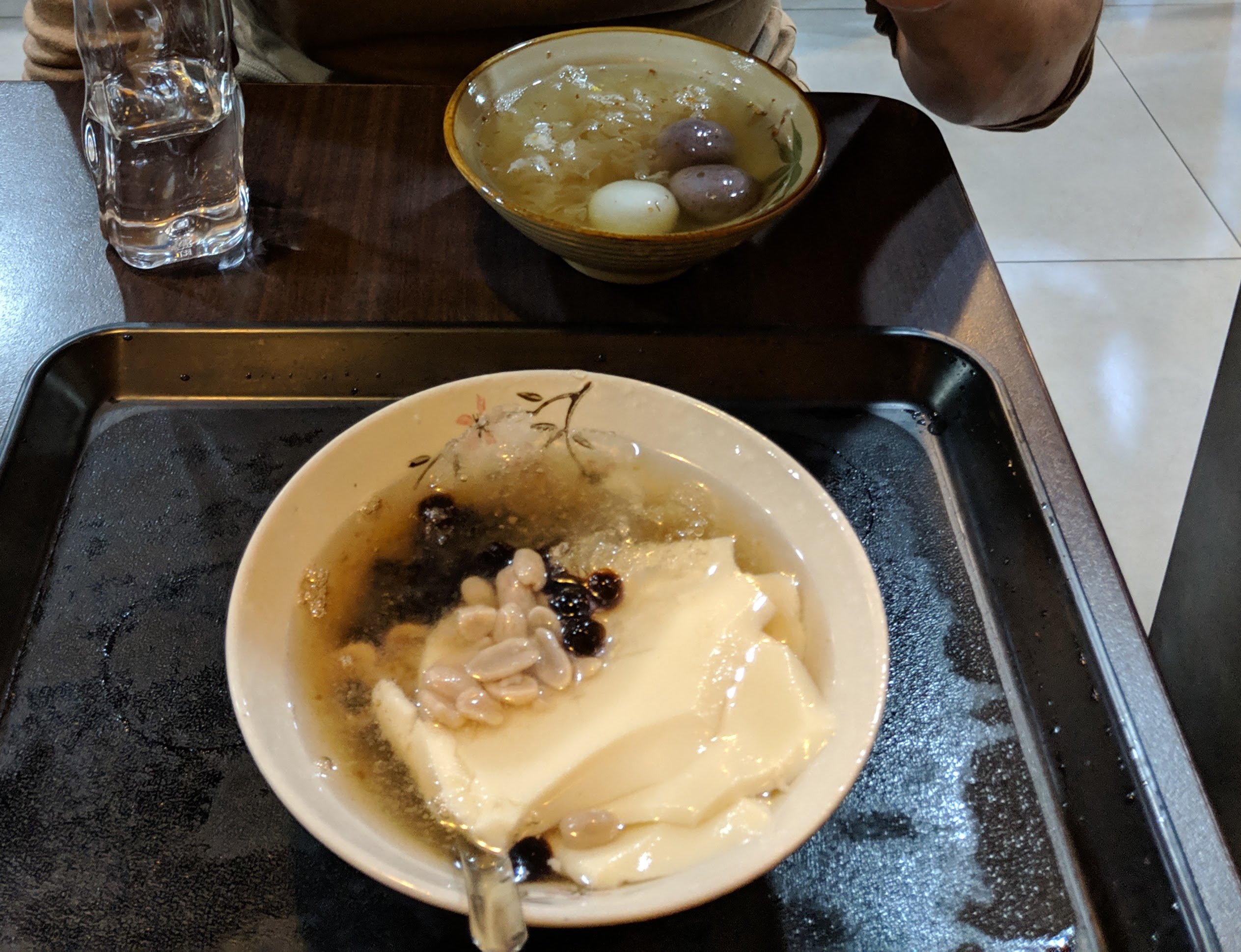 Silken tofu and sesame mochi ball (tang yuan) desserts