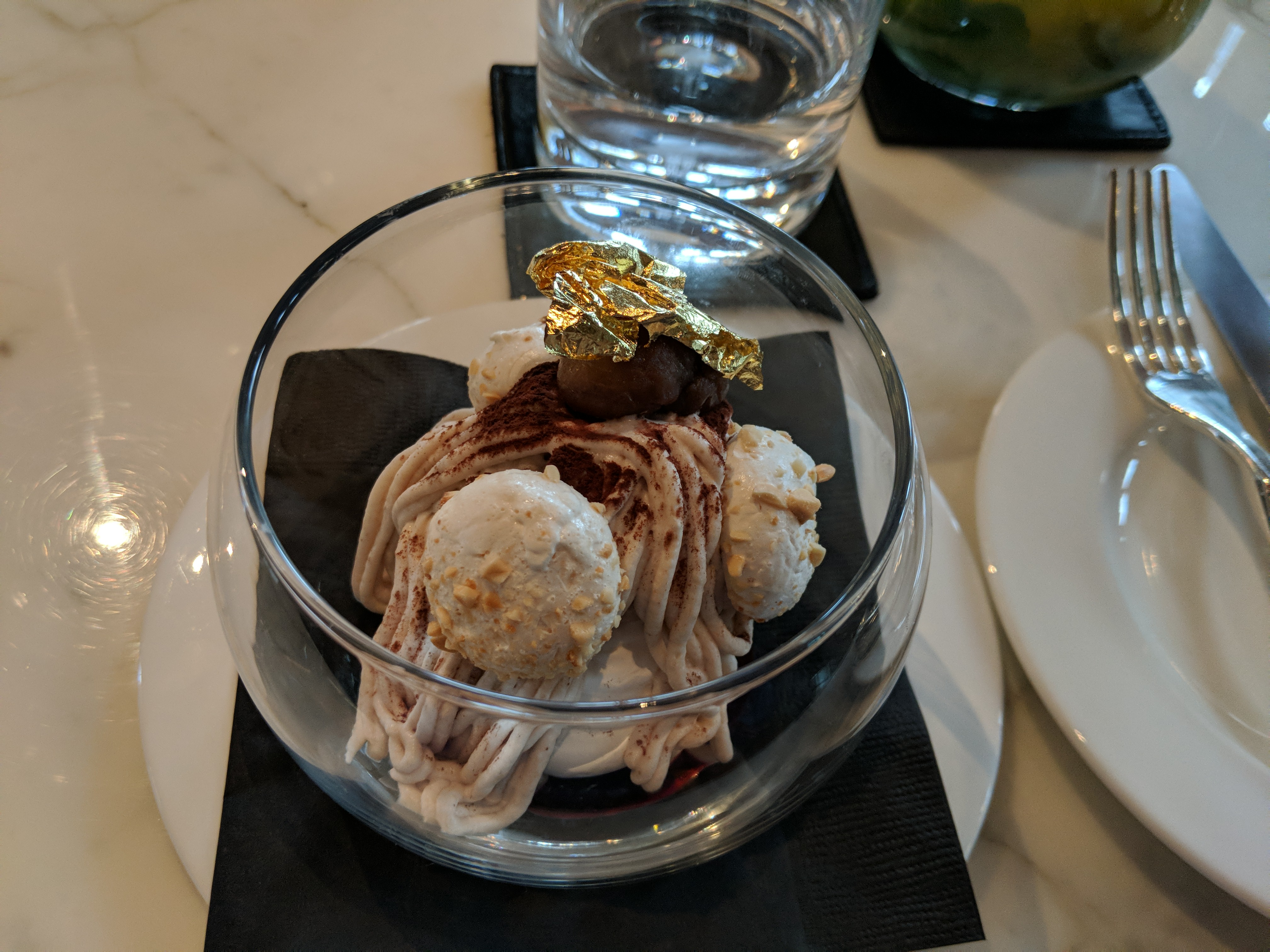 Seri's $20 chestnut dessert, complete with gold flake